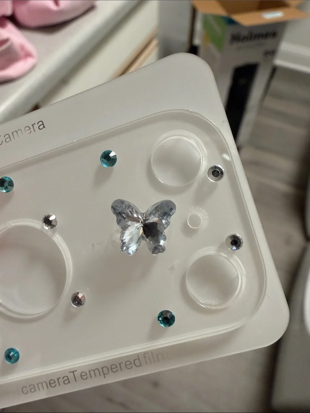 Clear Decorative Camera Lens Protector with Blue Rhinestones